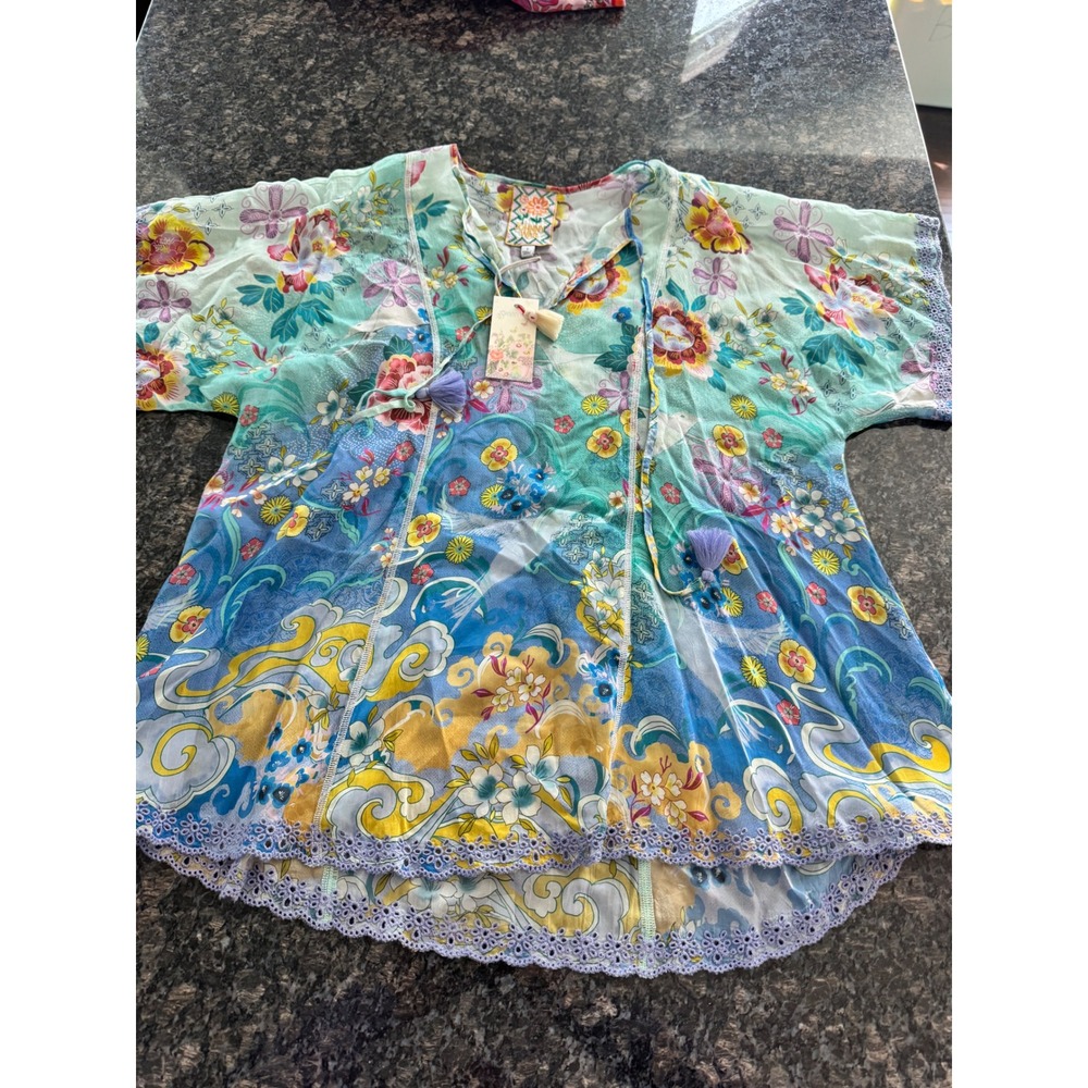 Johnny Was Anji Blouse Altair Floral Tassel V-Neck Top Teal Multi C18726-4 Small